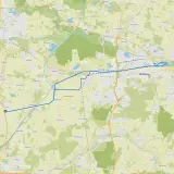 Radrouten Niedersachsen: Karte zeigt eine geplante Fahrradtour von Meine nach Wolfsburg durch grüne Landschaften und kleine Ortschaften.