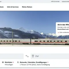 DB ICE-Zug vor verschneiter Bergkulisse. Suche nach Verbindungen, z.B. ein db 2 stunden ticket ab 17,99€.