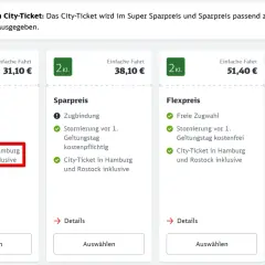 Angebote für Zugtickets mit verschiedenen db preisstufen: Super Sparpreis (31,10€), Sparpreis (38,10€) und Flexpreis (51,40€). Alle beinhalten City-Tickets für Hamburg und Rostock.
