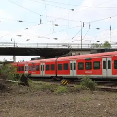 Roter re8 NRW Zug fährt unter einer Brücke hindurch, umgeben von Grün und Oberleitungen.