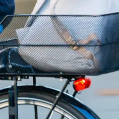 Anleitung: Fahrradkorb hinten befestigen. Ein schwarzer Drahtkorb mit Gepäck ist auf einem Fahrrad montiert.