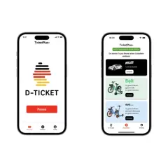 Zwei Smartphones zeigen die App "TicketPlus+". Auf dem linken Handy ist das D-Ticket mit Pause-Button zu sehen. Das rechte Handy listet Angebote wie Miles, Bolt und Dott auf, die bei Problemen mit dem Deutschlandticket helfen könnten.