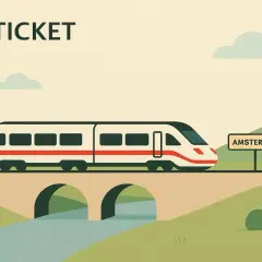 Mit dem D-Ticket nach Amsterdam: Ein Zug fährt über eine Brücke, vorbei an einem Schild mit der Aufschrift "Amsterdam".