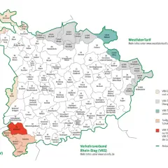 Karte mit Tarifgebieten des VRR und AVV. Der ticket 2000 map zeigt Zonen für Fahrpreise in Nordrhein-Westfalen.
