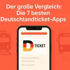 Der große Vergleich: Die 7 besten Deutschlandticket-Apps. Ein Smartphone zeigt die D-Ticket-App, flankiert von stilisierten Zug- und Bus-Symbolen.