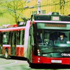 Ein roter Obus mit der Nummer 363 fährt auf der Straße. Der Fahrer trägt eine Sonnenbrille und eine Uniform.