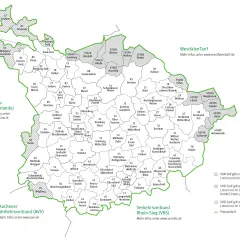 Karte des WestfalenTarifs mit Regionen und Städten. Das NRW Ticket VRR deckt viele Gebiete ab, wie auf der Karte des VRR-Tarifs zu sehen ist.
