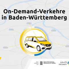 Ein weiß-gelber Van als Symbol für On-Demand-Verkehre in Baden-Württemberg, verbunden mit verschiedenen Orten auf einer stiliserten Karte.
