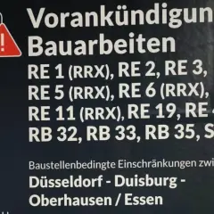 Vorankündigung Bauarbeiten für RE 1 (RRX) und weitere Linien. Einschränkungen zwischen Düsseldorf, Duisburg, Oberhausen und Essen.
