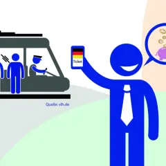 Ein Mann zeigt sein Ticket, während Fahrgäste in einer Bahn warten. Er denkt an sein Erspartes, das er durch ein Zusatzticket im richtigen Geltungsbereich spart.