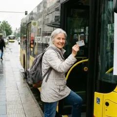 Ältere Frau zeigt ihr Deutschlandticket, das auch für Schwerbehinderung gilt. Sie steigt in einen gelben Bus.