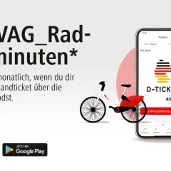 600 Freiminuten für VAG_Rad monatlich, wenn dein Deutschlandticket in der NüMO-App ist.