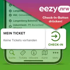 App-Ansicht mit "eezy.nrw" Logo. "Mein Ticket" zeigt "Keine Tickets vorhanden". Probleme mit dem Check-In-Button sind hier sichtbar.