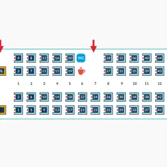 Sitzplan zeigt, wie viele Leute in einen Reisebus passen. 49 nummerierte Sitze, WC und ein Getränkesymbol sind sichtbar.
