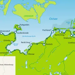 Karte der Mecklenburger Radtour mit Radwegen entlang der Ostseeküste von Dänemark bis Usedom.