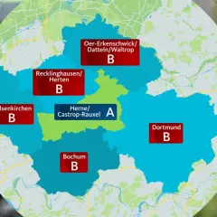 Karte zeigt VRR-Gebiete: Herne/Castrop-Rauxel (A) und andere Städte (B). So funktioniert das 10er Ticket VRR.