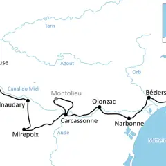 Karte einer Fahrradtour entlang des Canal du Midi von Toulouse nach Sète, vorbei an Carcassonne und Narbonne.