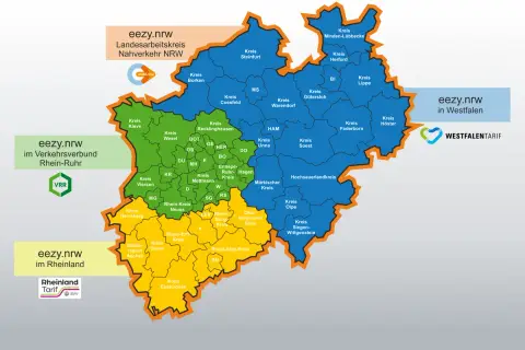 Karte von NRW, aufgeteilt in Tarifgebiete für eezy.nrw: Rhein-Ruhr, Rheinland und Westfalen.