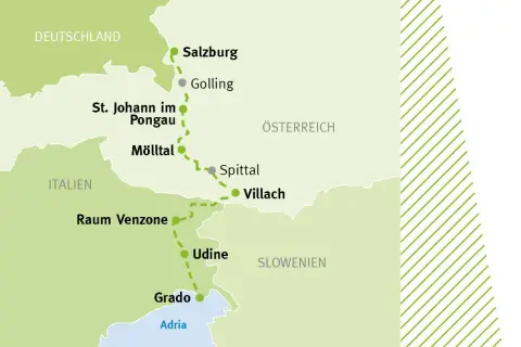 Karte des Alpe-Adria Radwegs von Deutschland über Österreich (Salzburg, Villach) nach Italien (Udine, Grado). Ideal zum alpe-adria radweg selbst organisieren.