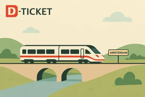 Mit dem D-Ticket nach Amsterdam: Ein Zug fährt über eine Brücke, vorbei an einem Schild mit der Aufschrift "Amsterdam".