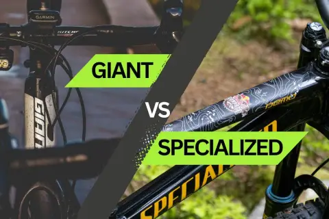 Vergleich zweier Fahrrad marken: Giant und Specialized. Links das Cockpit eines Giant-Rades, rechts der Rahmen eines Specialized-Bikes.