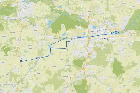 Radrouten Niedersachsen: Karte zeigt eine geplante Fahrradtour von Meine nach Wolfsburg durch grüne Landschaften und kleine Ortschaften.
