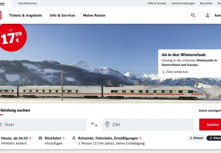 DB ICE-Zug vor verschneiter Bergkulisse. Suche nach Verbindungen, z.B. ein db 2 stunden ticket ab 17,99€.