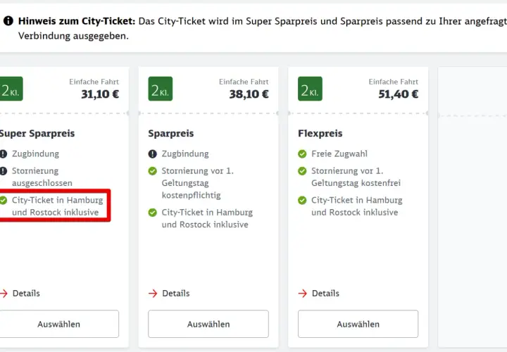 Angebote für Zugtickets mit verschiedenen db preisstufen: Super Sparpreis (31,10€), Sparpreis (38,10€) und Flexpreis (51,40€). Alle beinhalten City-Tickets für Hamburg und Rostock.