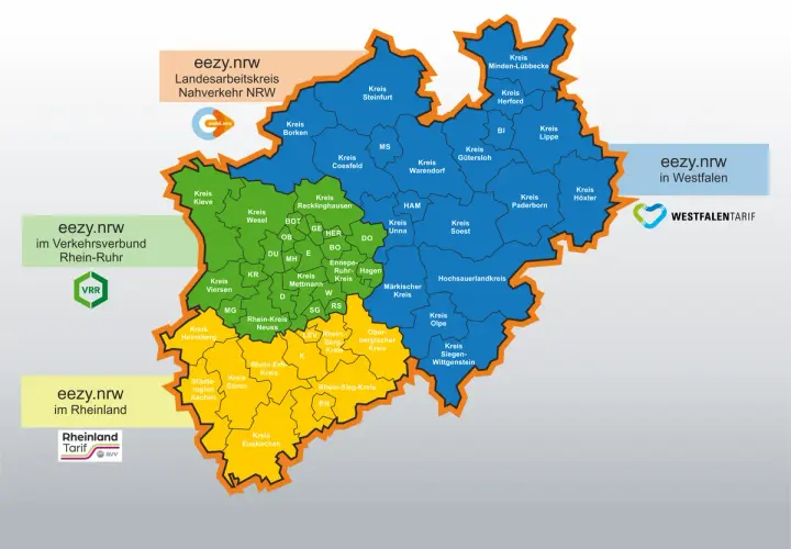 Karte von NRW, aufgeteilt in Tarifgebiete für eezy.nrw: Rhein-Ruhr, Rheinland und Westfalen.