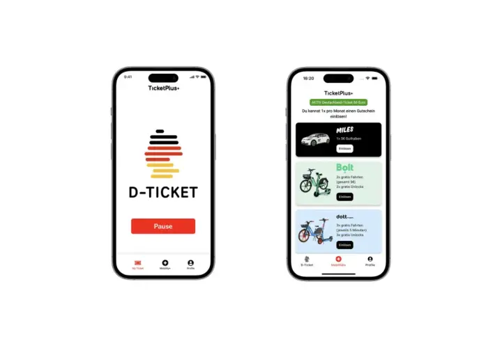 Zwei Smartphones zeigen die App "TicketPlus+". Auf dem linken Handy ist das D-Ticket mit Pause-Button zu sehen. Das rechte Handy listet Angebote wie Miles, Bolt und Dott auf, die bei Problemen mit dem Deutschlandticket helfen könnten.