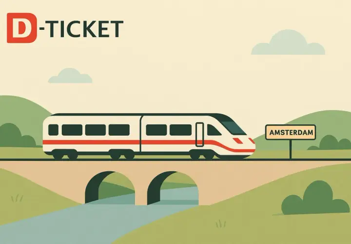 Mit dem D-Ticket nach Amsterdam: Ein Zug fährt über eine Brücke, vorbei an einem Schild mit der Aufschrift "Amsterdam".