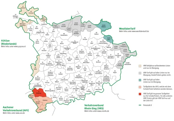 Karte mit Tarifgebieten des VRR und AVV. Der ticket 2000 map zeigt Zonen für Fahrpreise in Nordrhein-Westfalen.
