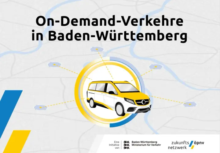 Ein weiß-gelber Van als Symbol für On-Demand-Verkehre in Baden-Württemberg, verbunden mit verschiedenen Orten auf einer stiliserten Karte.
