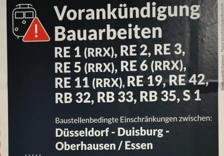 Vorankündigung Bauarbeiten für RE 1 (RRX) und weitere Linien. Einschränkungen zwischen Düsseldorf, Duisburg, Oberhausen und Essen.
