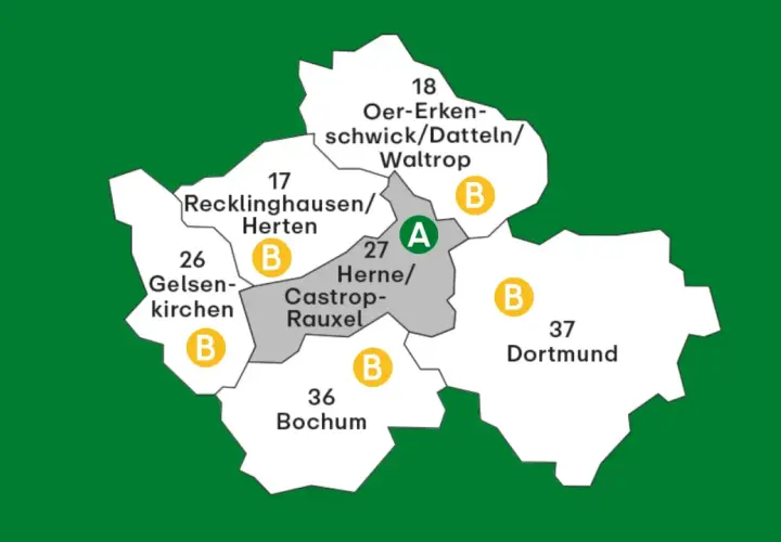 Karte des VRR-Gebiets mit Städten wie Dortmund, Bochum und Gelsenkirchen.