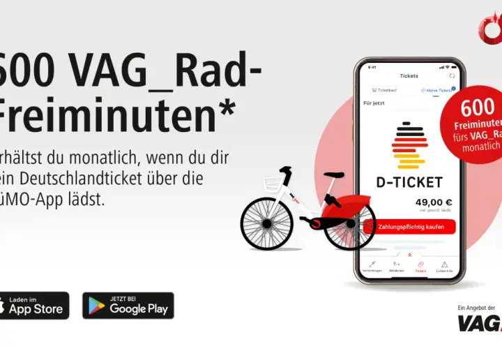 600 Freiminuten für VAG_Rad monatlich, wenn dein Deutschlandticket in der NüMO-App ist.