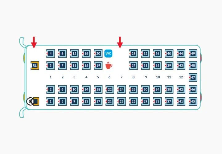 Sitzplan zeigt, wie viele Leute in einen Reisebus passen. 49 nummerierte Sitze, WC und ein Getränkesymbol sind sichtbar.