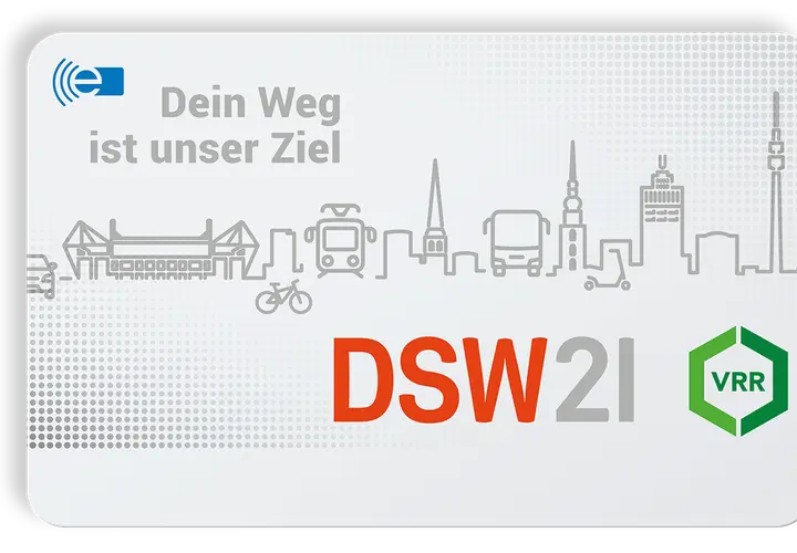 DSW21 Monats Ticket NRW mit Skyline und ÖPNV-Symbolen. "Dein Weg ist unser Ziel.