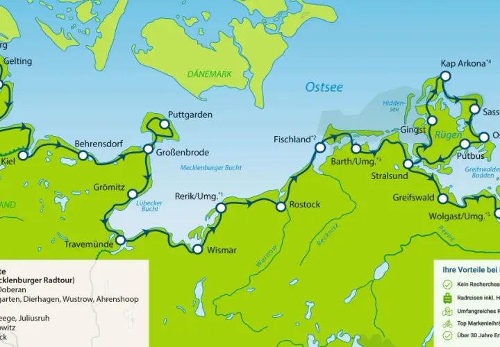 Karte der Mecklenburger Radtour mit Radwegen entlang der Ostseeküste von Dänemark bis Usedom.