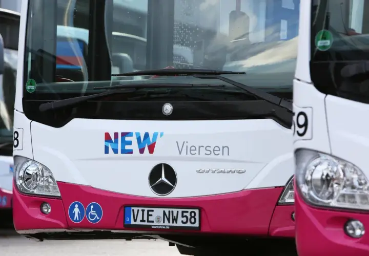 Zwei NEW Viersen Busse stehen nebeneinander. Ein Bus hat ein "vrr seniorenticket" Symbol.