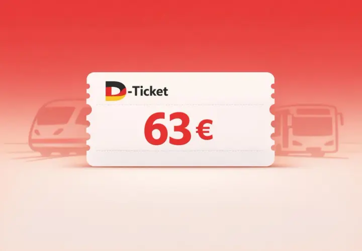 D-Ticket für 63€ mit Zug und Bus im Hintergrund.
