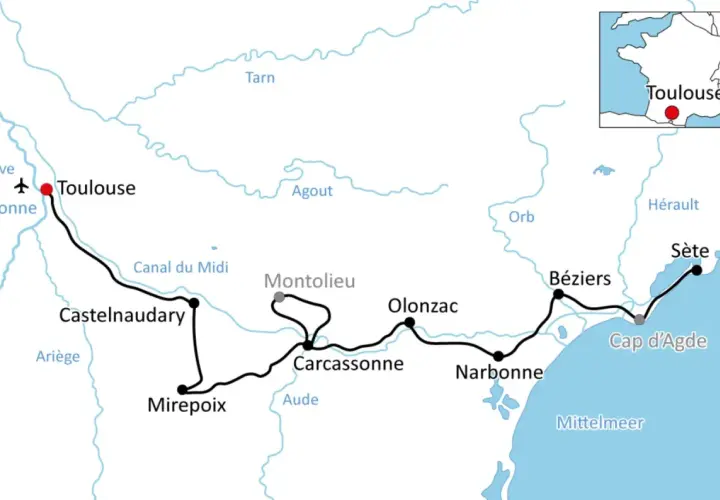Karte einer Fahrradtour entlang des Canal du Midi von Toulouse nach Sète, vorbei an Carcassonne und Narbonne.