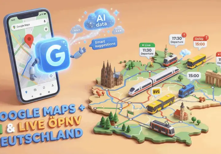 Google Maps zeigt dynamische Fahrgastinformationen für Deutschland mit KI-gestützten Vorschlägen und Live-Daten für Züge und Busse.