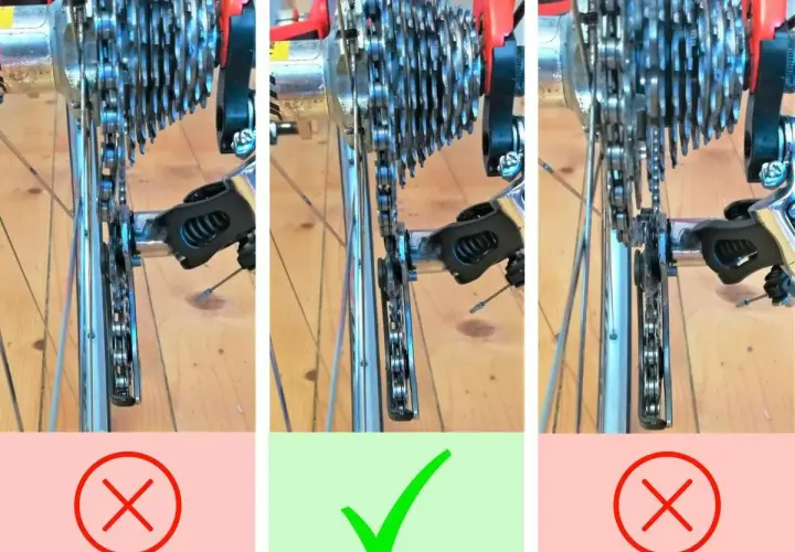 Drei Ansichten einer Fahrradkassette. Die mittlere zeigt, wie die **Kettenschaltung einstellen** richtig aussieht, mit einem grünen Haken. Die äußeren zeigen Fehler.