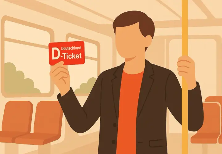 Mann hält personalisiertes Deutschlandticket in der Hand, bereit für die Fahrt im Zug.