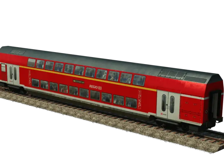 Roter Bombardier Doppelstockwagen der DB Regio mit Fahrgästen auf zwei Ebenen, bereit für die Fahrt nach Stuttgart Hbf.