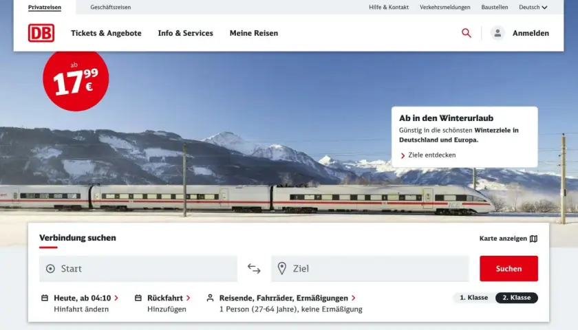 DB ICE-Zug vor verschneiter Bergkulisse. Suche nach Verbindungen, z.B. ein db 2 stunden ticket ab 17,99€.