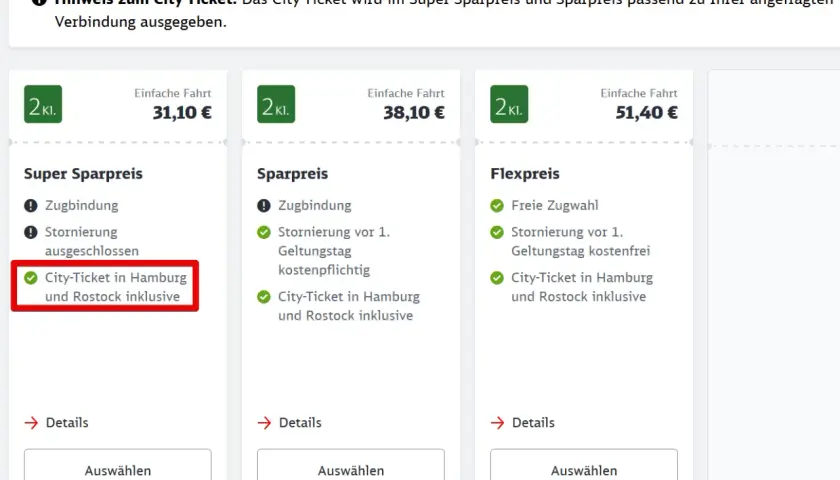 Angebote für Zugtickets mit verschiedenen db preisstufen: Super Sparpreis (31,10€), Sparpreis (38,10€) und Flexpreis (51,40€). Alle beinhalten City-Tickets für Hamburg und Rostock.