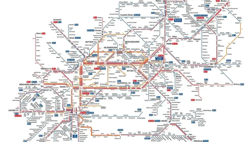 Liniennetzplan für den NRW Ticket Geltungsbereich mit vielen Städten und Bahnlinien.