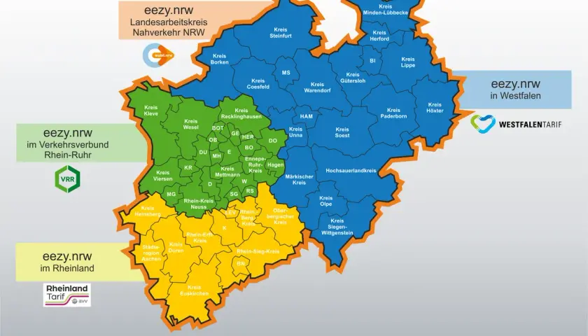 Karte von NRW, aufgeteilt in Tarifgebiete für eezy.nrw: Rhein-Ruhr, Rheinland und Westfalen.